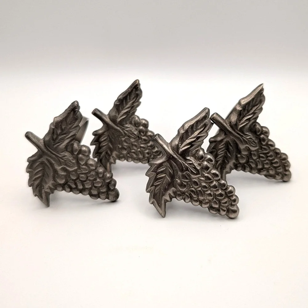 Pewter Grape Cluster Napkin Rings Set of 4 Metal Vineyard Harvest Table Decor